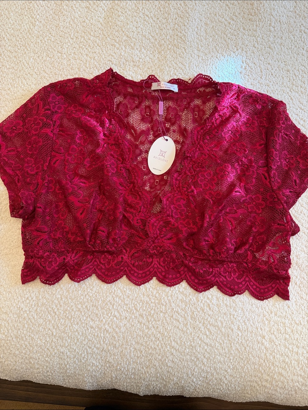 Avidlove Red Burgundy Floral Lace V-Neck Crop Top **NWT**  size 18W